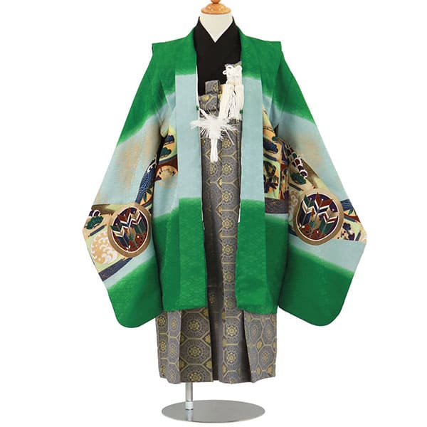 緑地に鷹と軍配柄、藍鼠の袴／七五三・五歳男の子・袴 | 宅配着物