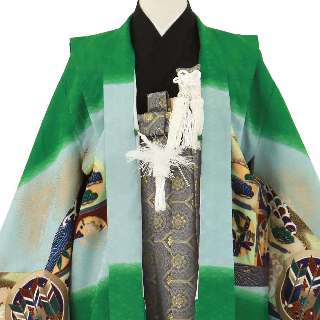 緑地に鷹と軍配柄、藍鼠の袴／七五三・五歳男の子・袴 | 宅配着物