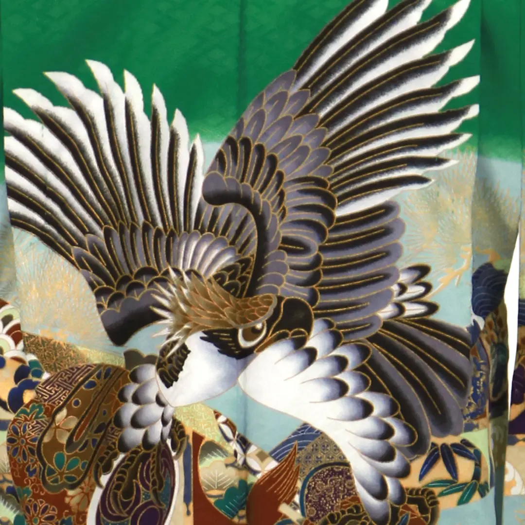 緑地に鷹と軍配柄、藍鼠の袴／七五三・五歳男の子・袴 | 宅配着物