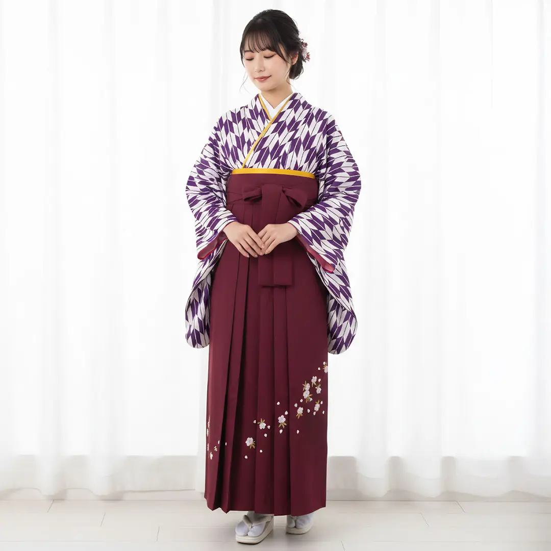 紫色地に矢絣・臙脂袴（刺繍） （二尺袖）／卒業式 | 宅配着物レンタル