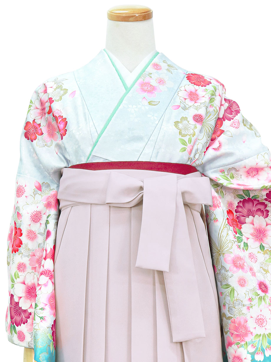 淡水色地に桜・くすみピンク袴（無地）（二尺袖）／卒業式