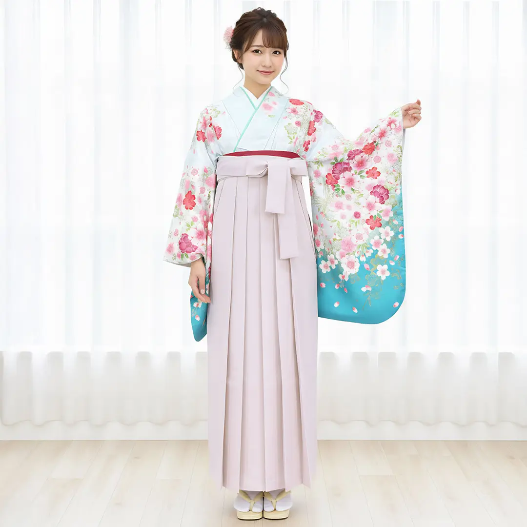 淡水色地に桜・くすみピンク袴（無地） （二尺袖）／卒業式／着用イメージ