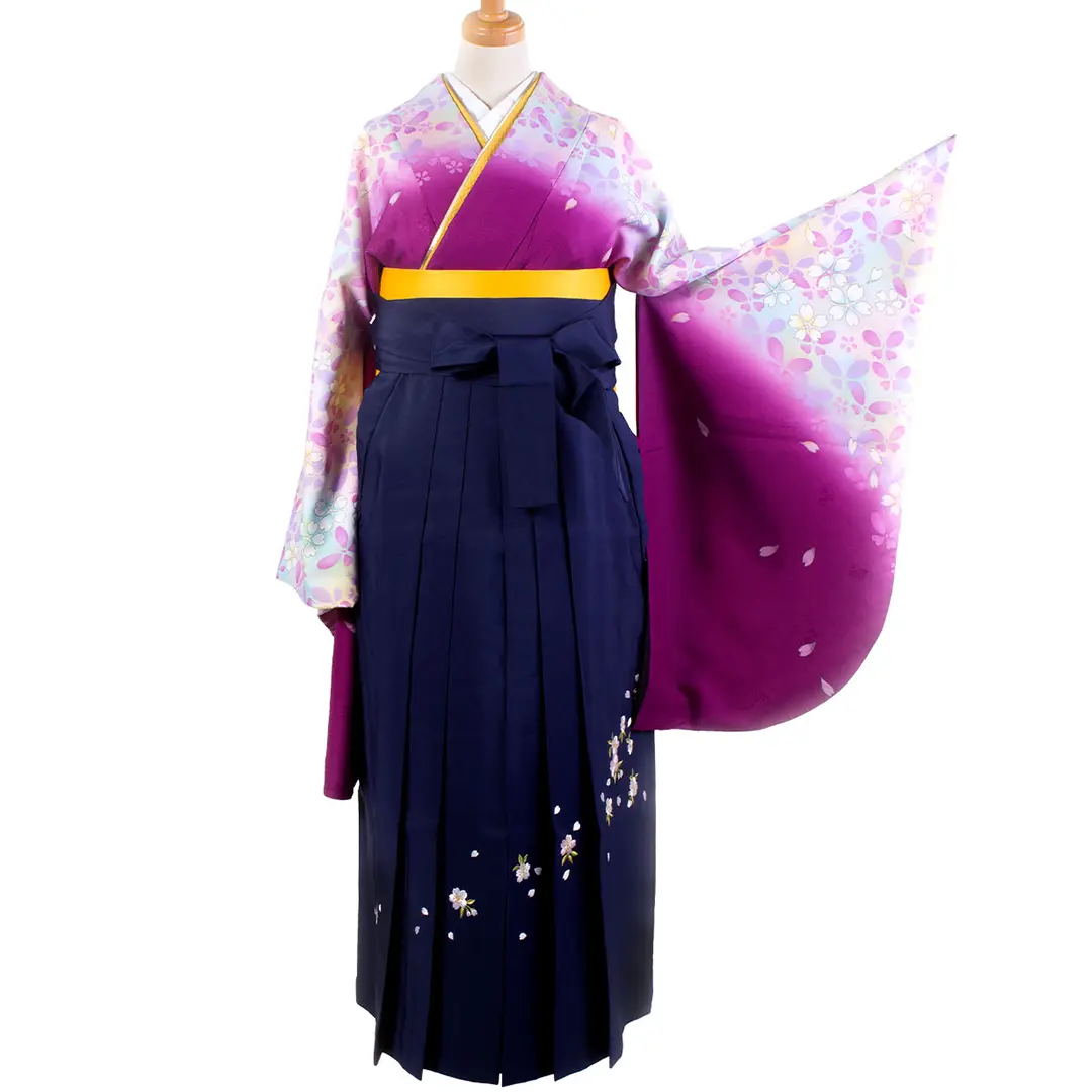 紫色地に蝶と桜・紺袴(刺繍) (二尺袖)/卒業式