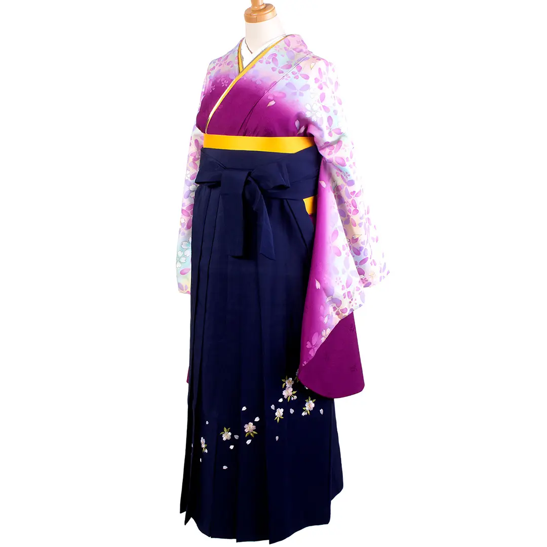 紫色地に蝶と桜・紺袴（刺繍） （二尺袖）／卒業式 | 宅配着物レンタル