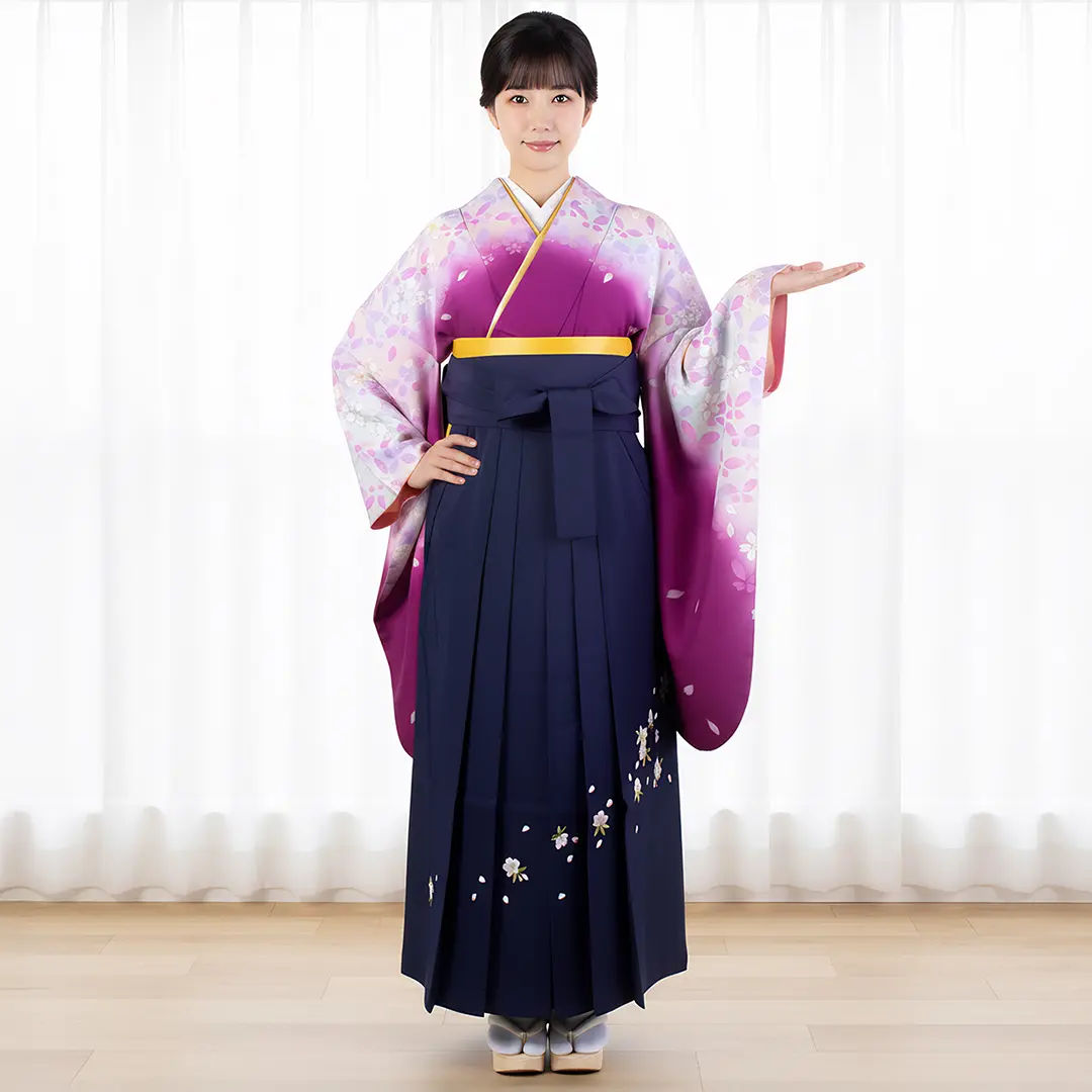 紫色地に蝶と桜・紺袴（刺繍） （二尺袖）／卒業式 | 宅配着物レンタル