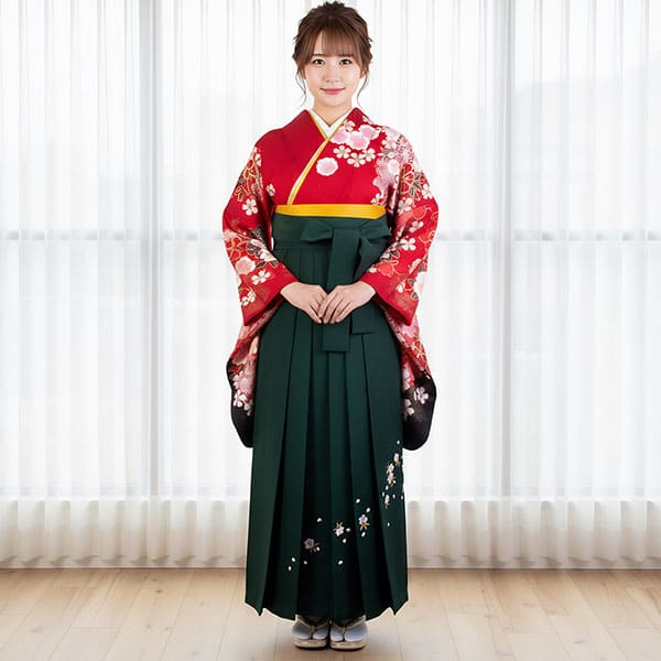 赤色地に桜と鞠・緑袴（二尺袖）／卒業式