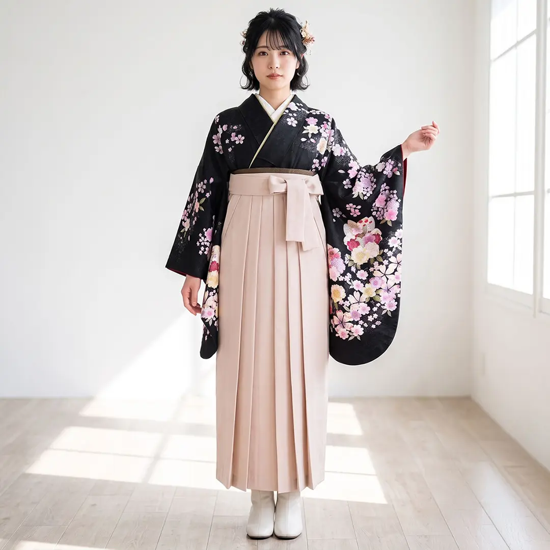 黒色地に桜・グレージュ袴（無地） （二尺袖）／卒業式 | 宅配着物