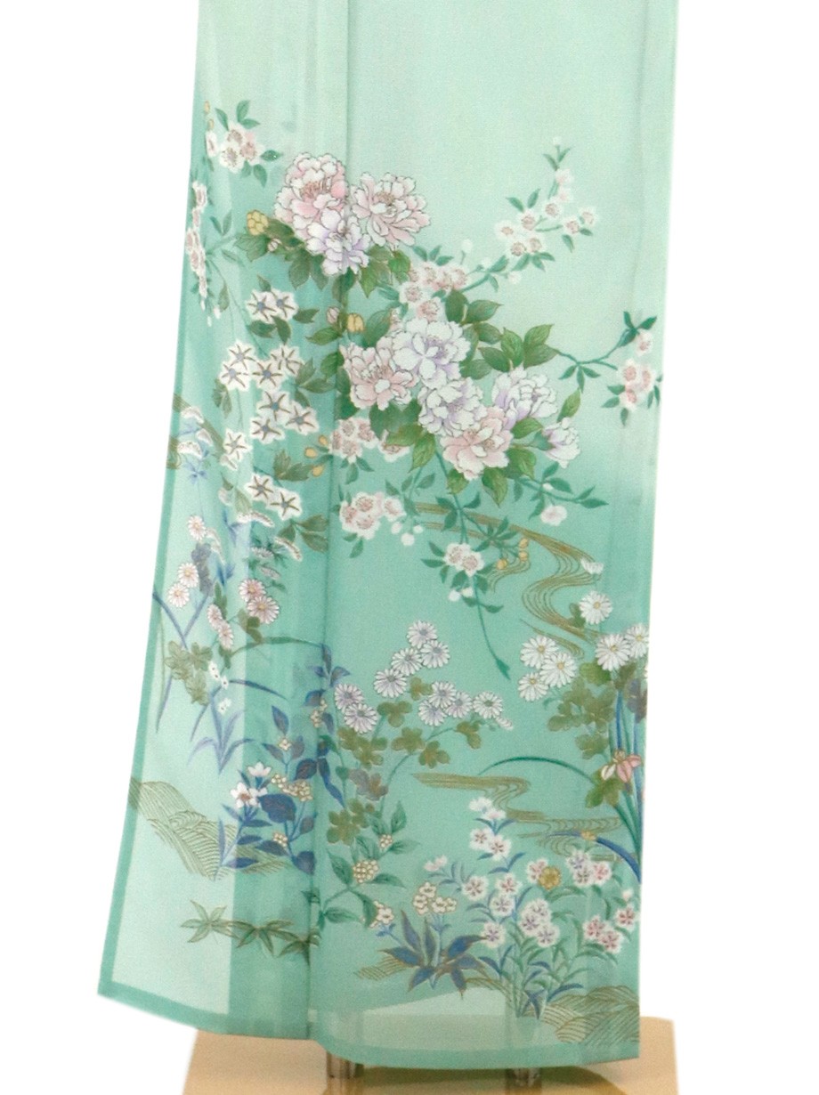 緑地に花尽しの訪問着(絽)（ポリエステル） | 宅配着物レンタル