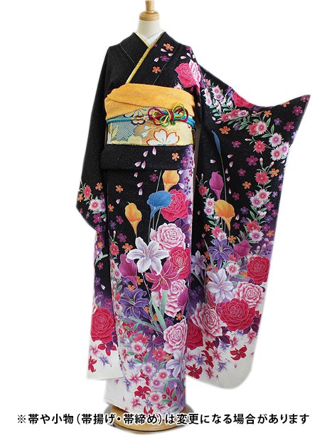 黒地に百合と薔薇の振袖 宅配着物レンタルの京都かしきもの