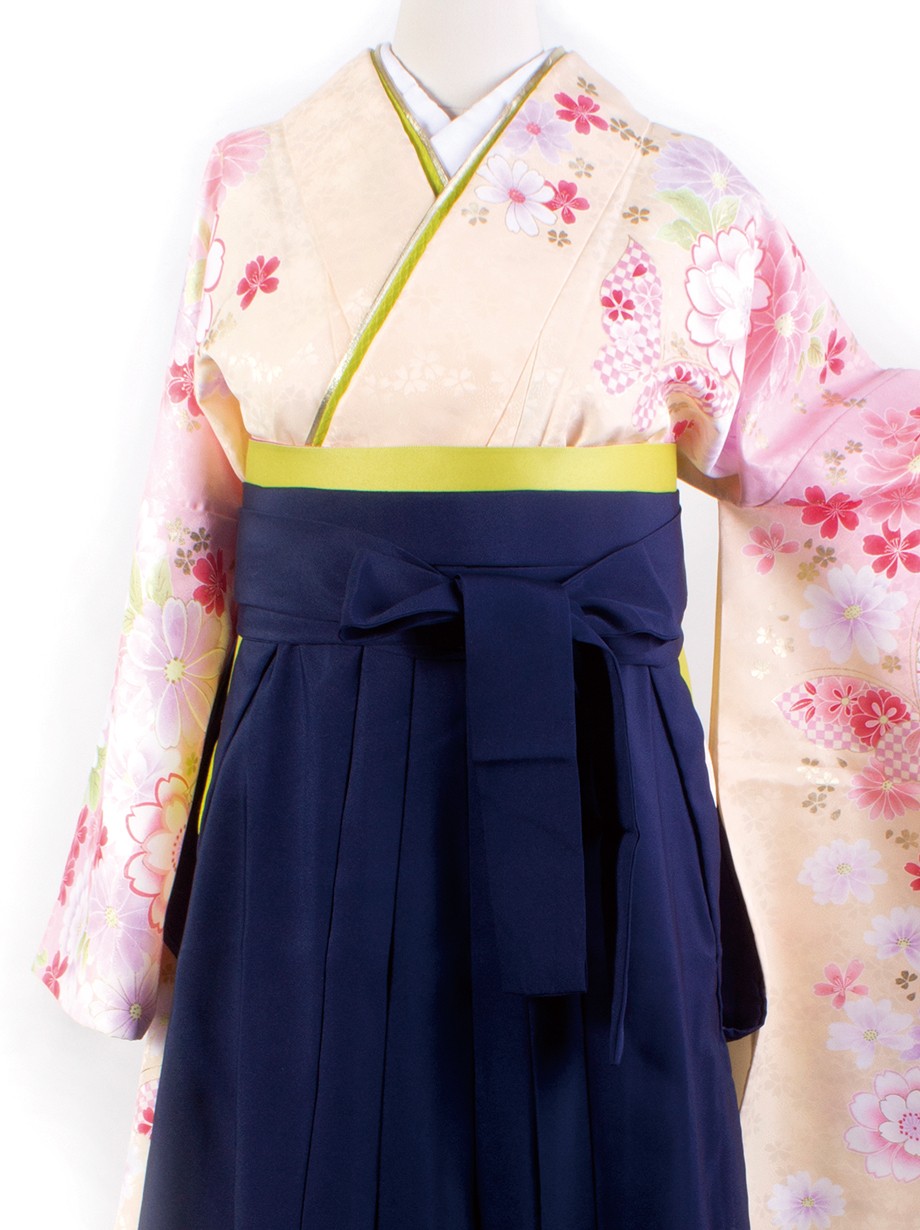 クリーム色地に花柄 紺袴 二尺袖 卒業式 宅配着物レンタルの京都かしきもの