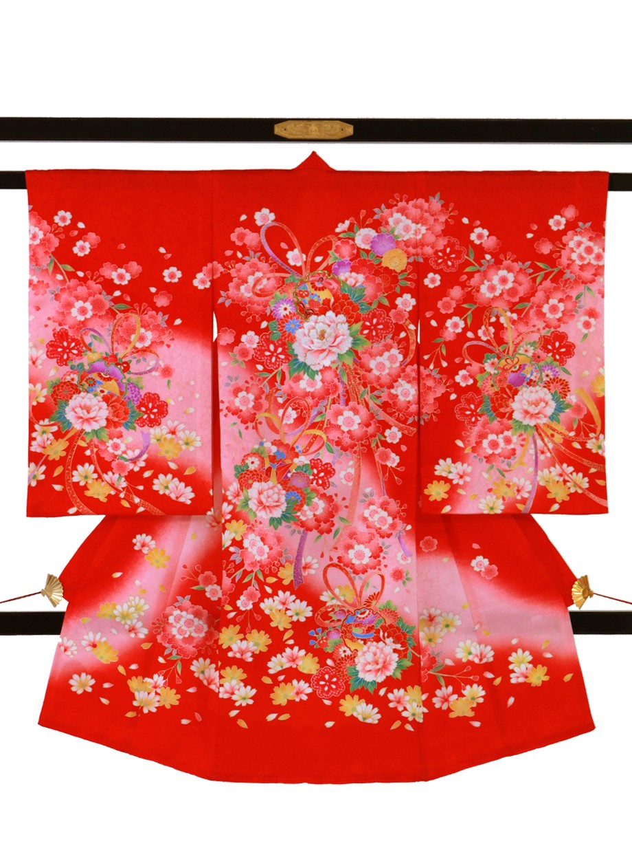 赤地に牡丹と鈴の祝い着（産着）／女児