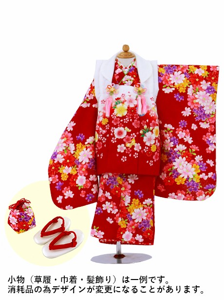 赤地に花尽くしの蝶の被布コートセット／七五三・三歳女の子／正面