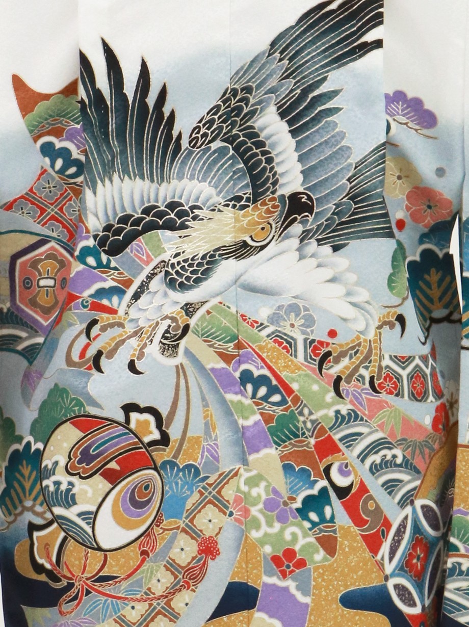 白地に鷹と宝尽くし、紺縞の袴／七五三・五歳男の子・袴 | 宅配着物