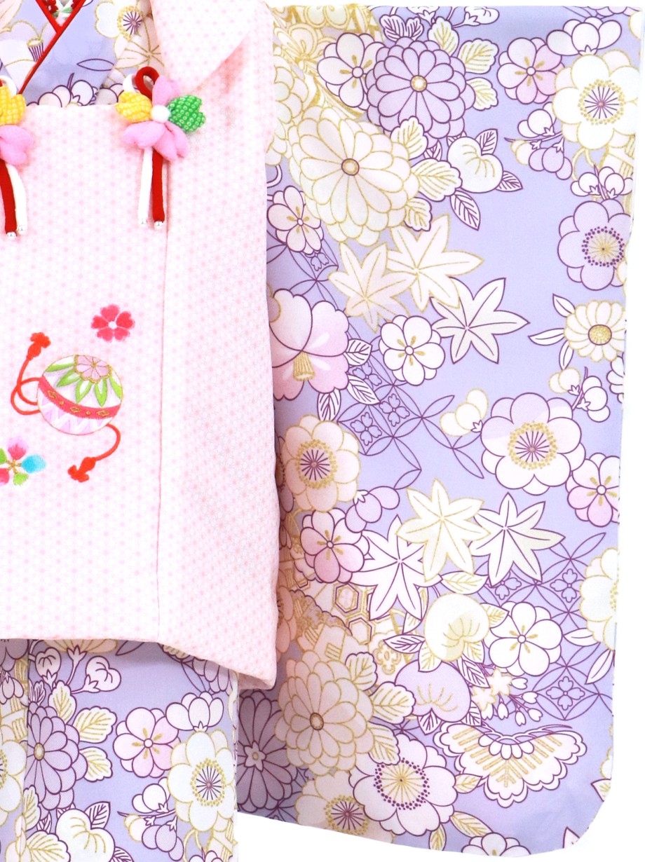 薄紫地に桜や菊、ピンクの麻の葉の被布コートセット／七五三・三歳女の子