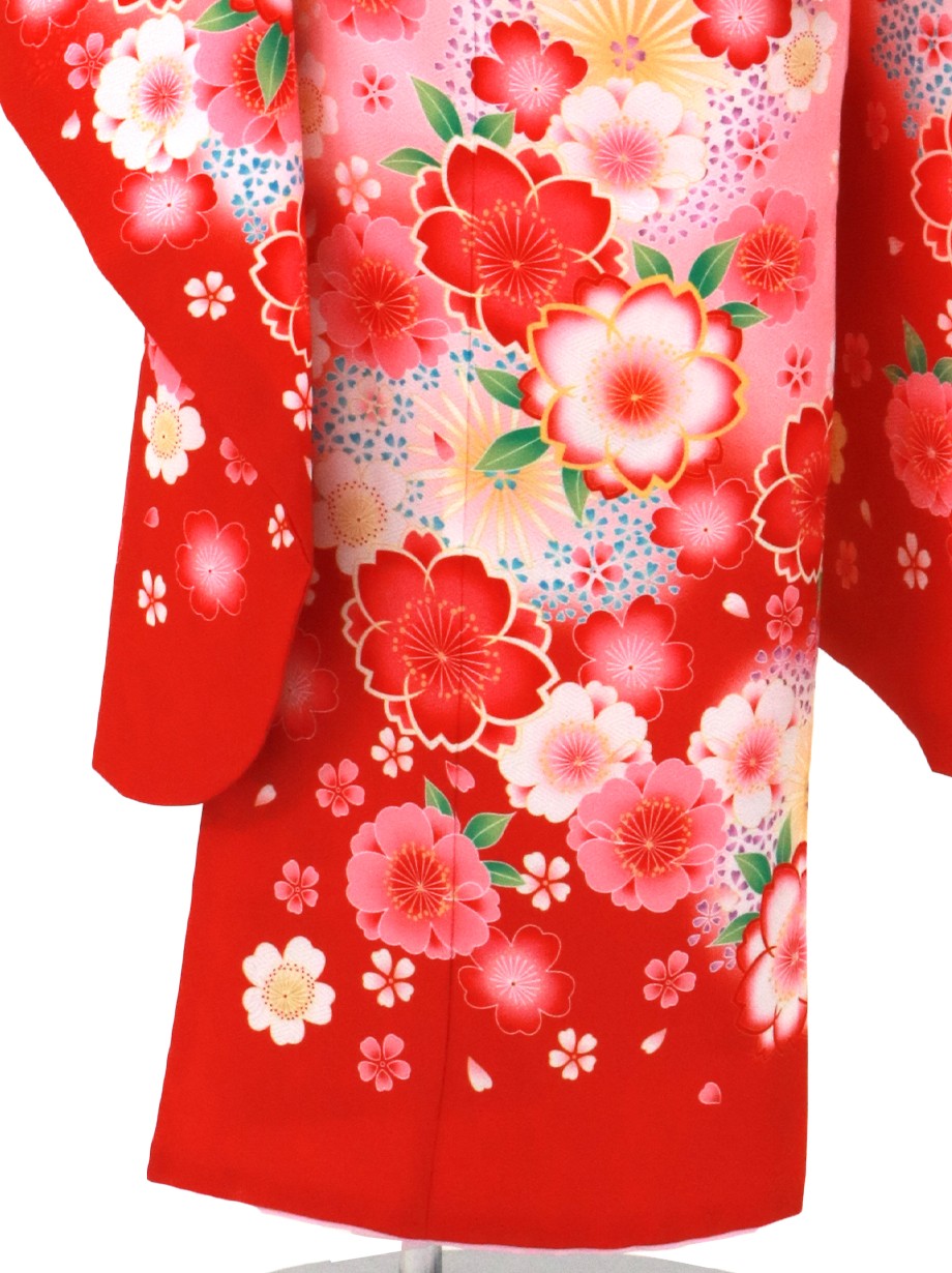 ピンクと赤の地に桜の着物／七五三・七歳女の子