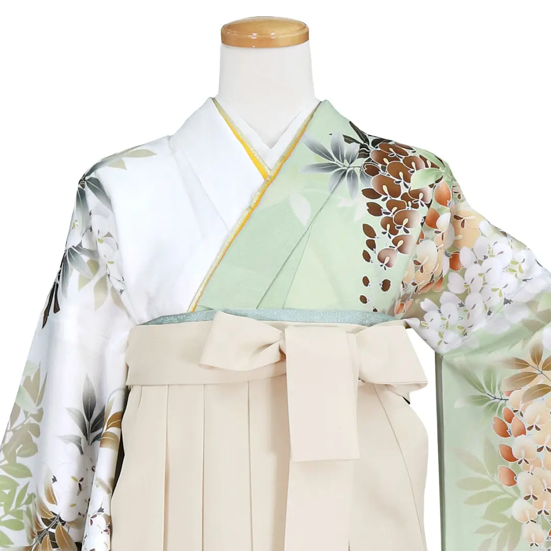 片身替わりの地色に大輪の藤・アイボリー袴（無地） （二尺袖）／卒業式 バストアップ正面