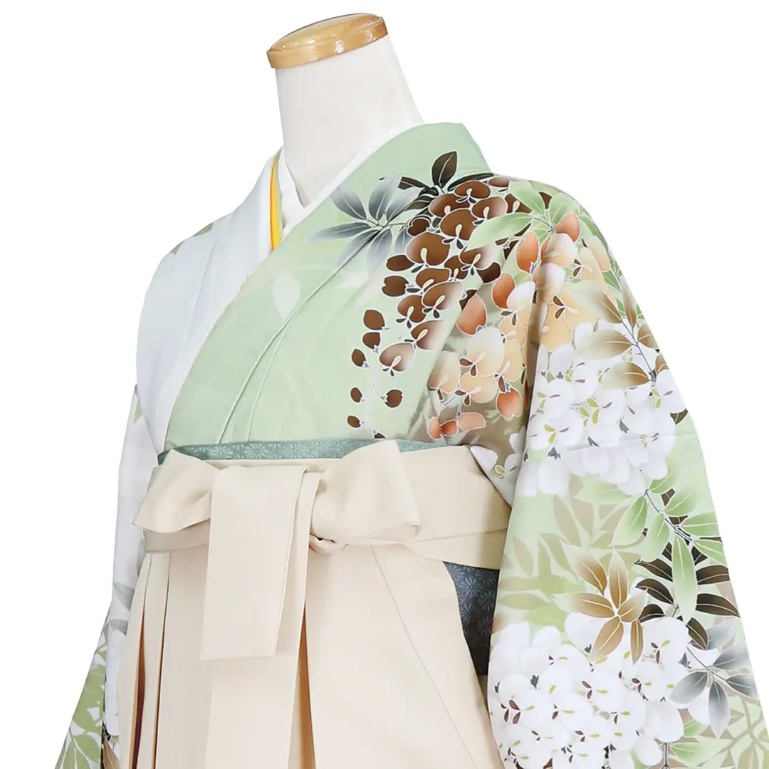 片身替わりの地色に大輪の藤・アイボリー袴（無地） （二尺袖）／卒業式 バストアップ斜め