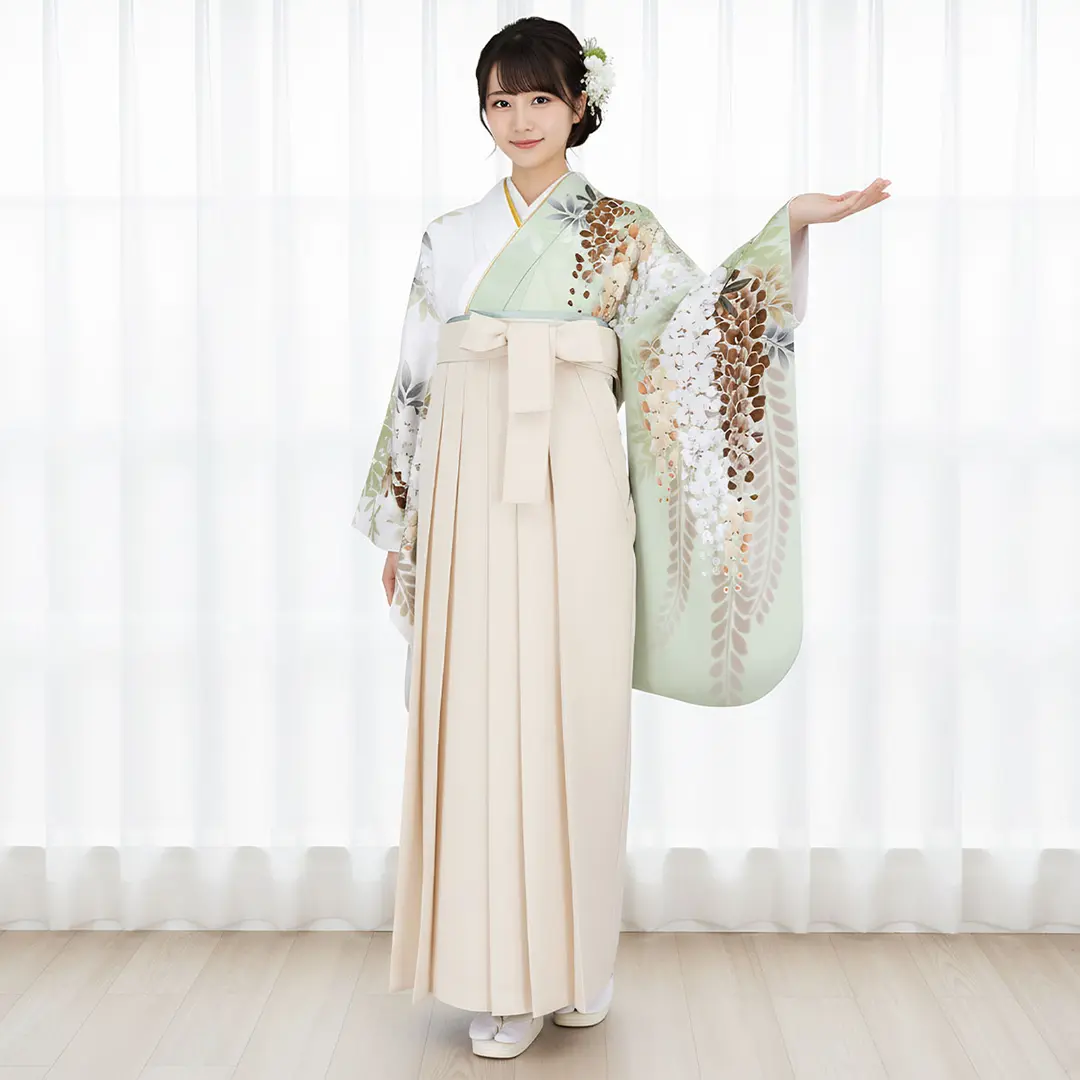 片身替わりの地色に大輪の藤・アイボリー袴（無地） （二尺袖）／卒業式／着用イメージ