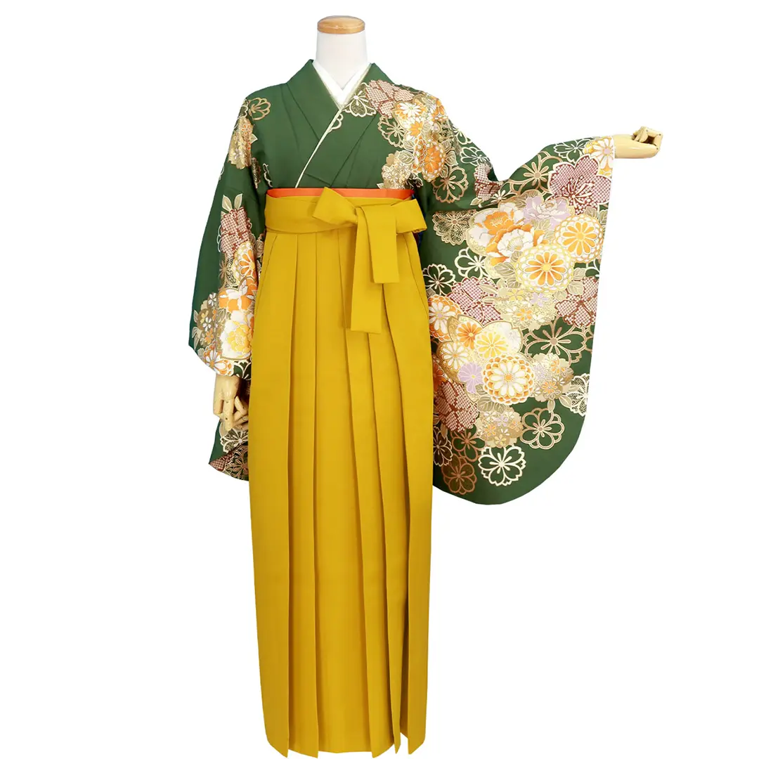 緑地に菊と桜尽くし・マスタード袴（無地） （二尺袖）／卒業式