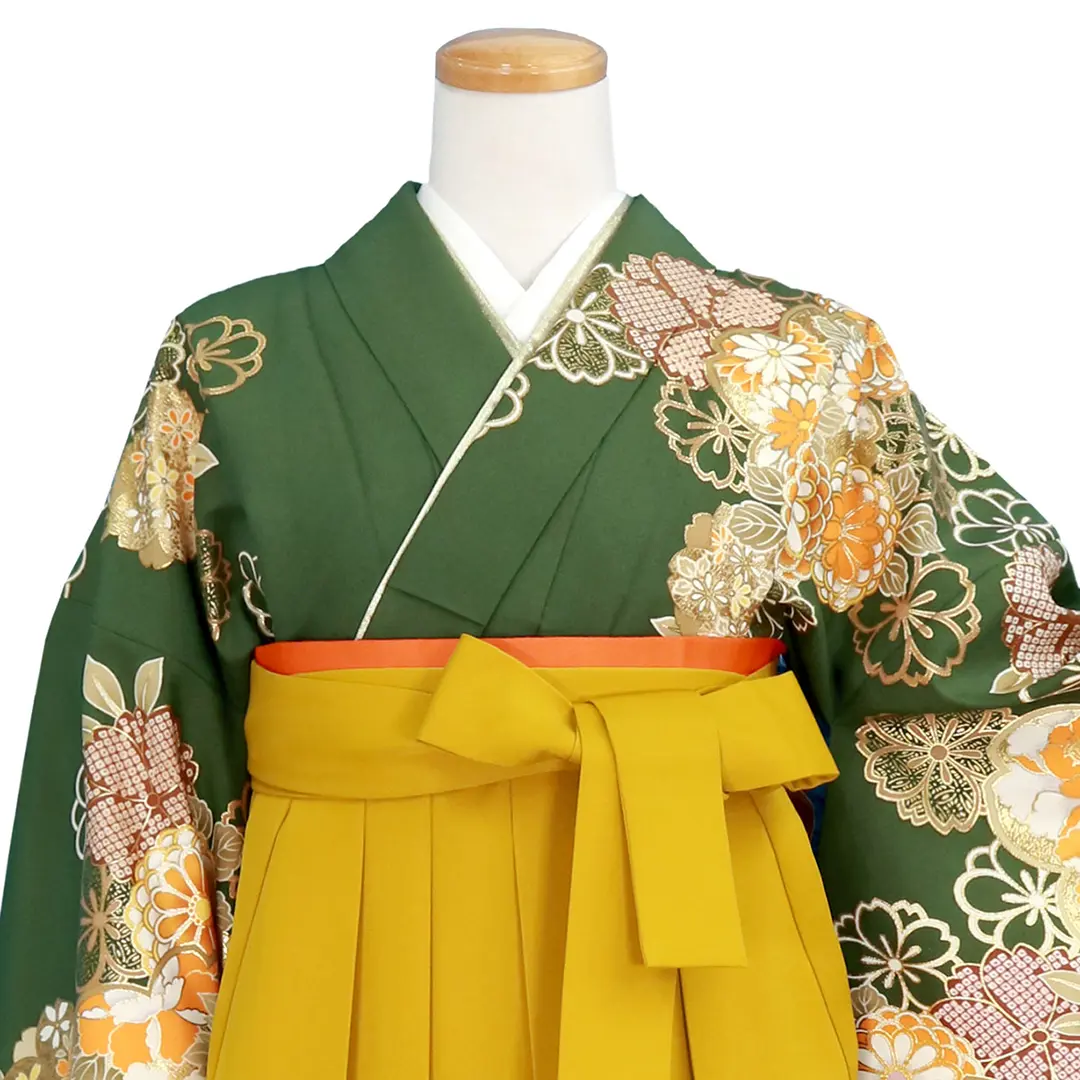 緑地に菊と桜尽くし・マスタード袴（無地） （二尺袖）／卒業式