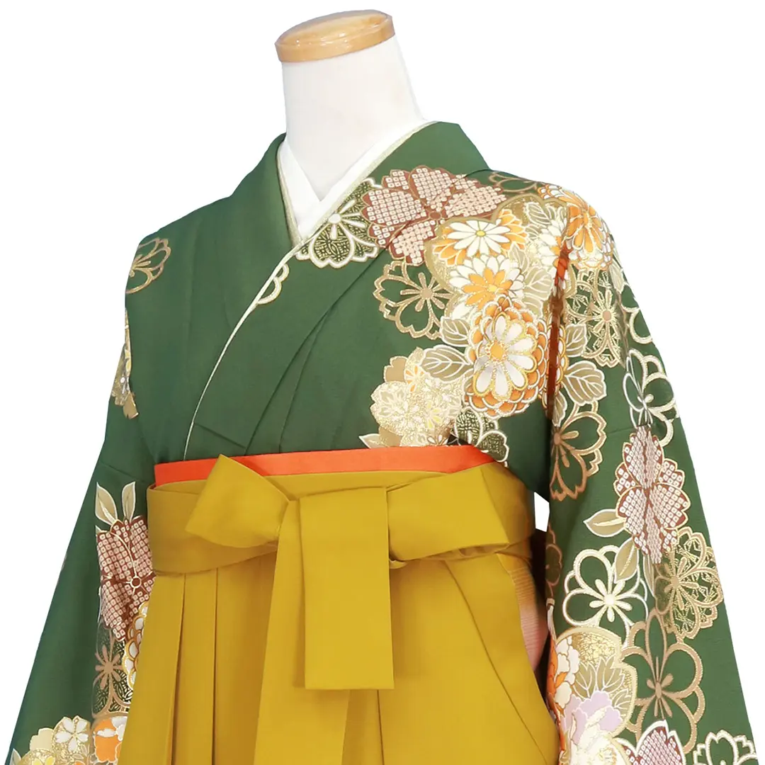 緑地に菊と桜尽くし・マスタード袴（無地） （二尺袖）／卒業式