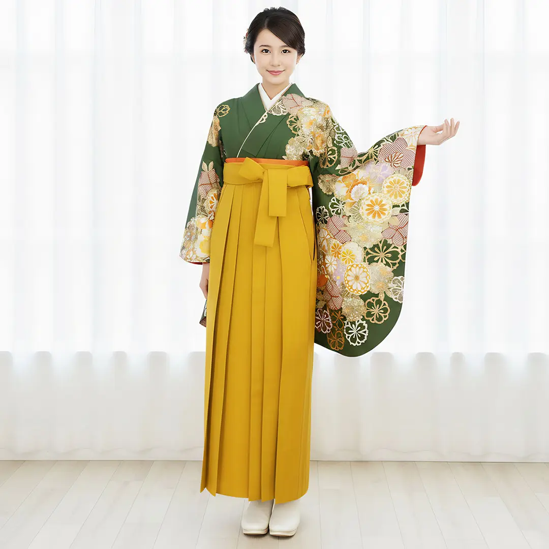 卒業式袴レンタル／緑地に菊と桜尽くし・マスタード袴（無地） （二尺