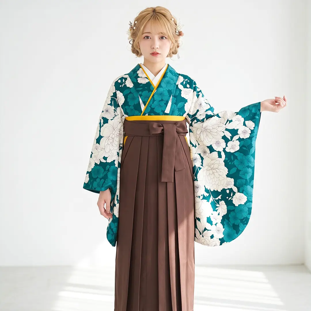 青緑色の地に大輪の牡丹と桜・茶色袴（無地） （二尺袖）／卒業式／着用イメージ