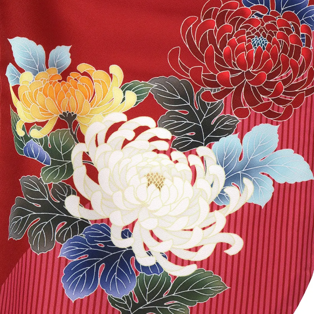 真紅に白菊・ライトグレー袴（無地） （二尺袖）／卒業式