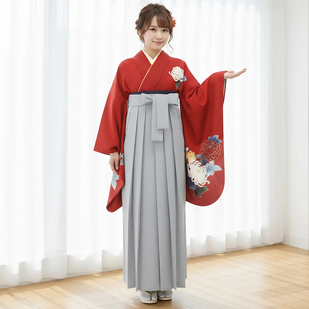 真紅に白菊・ライトグレー袴（無地） （二尺袖）／卒業式／着用イメージ