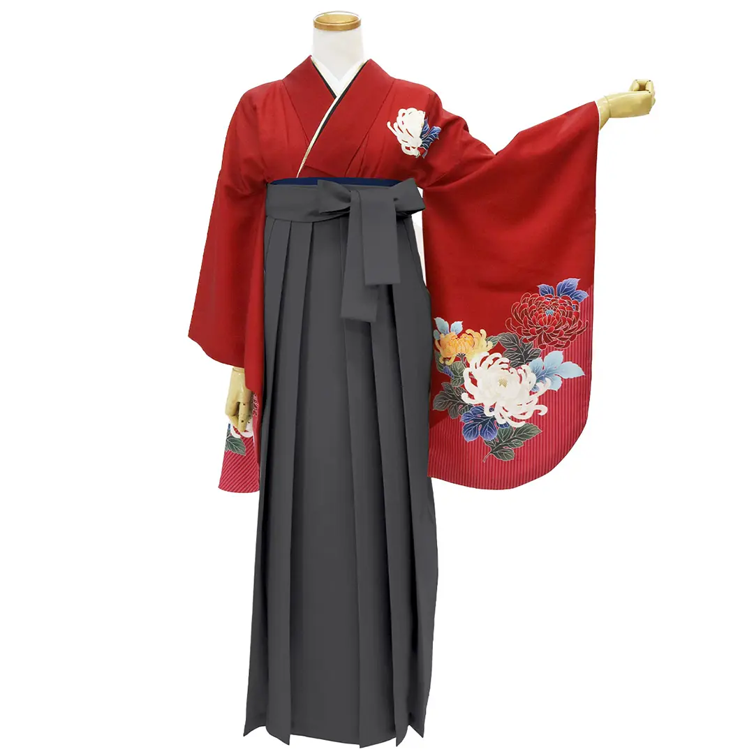 卒業式袴レンタル／真紅に白菊・墨色袴（無地） （二尺袖）／卒業式