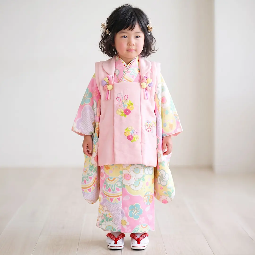 七五三5歳様薄ピンクの正絹鞠紋様 式部浪漫》 まり25ピンク、薄ピンクの被布コートセット／七五三・三歳