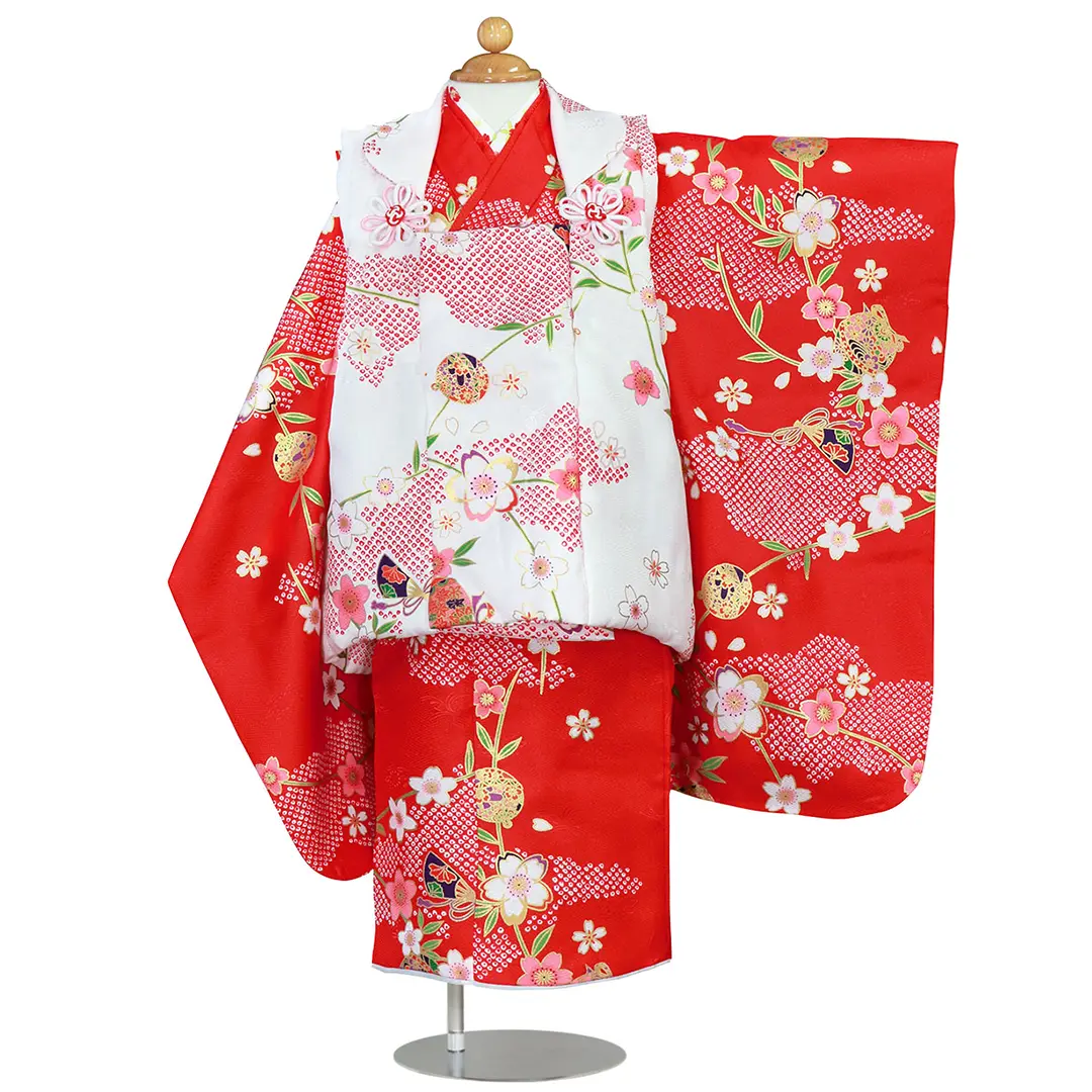 赤地に雲取と枝垂れ桜の着物、雲取りの被布コートセット／七五三・三歳