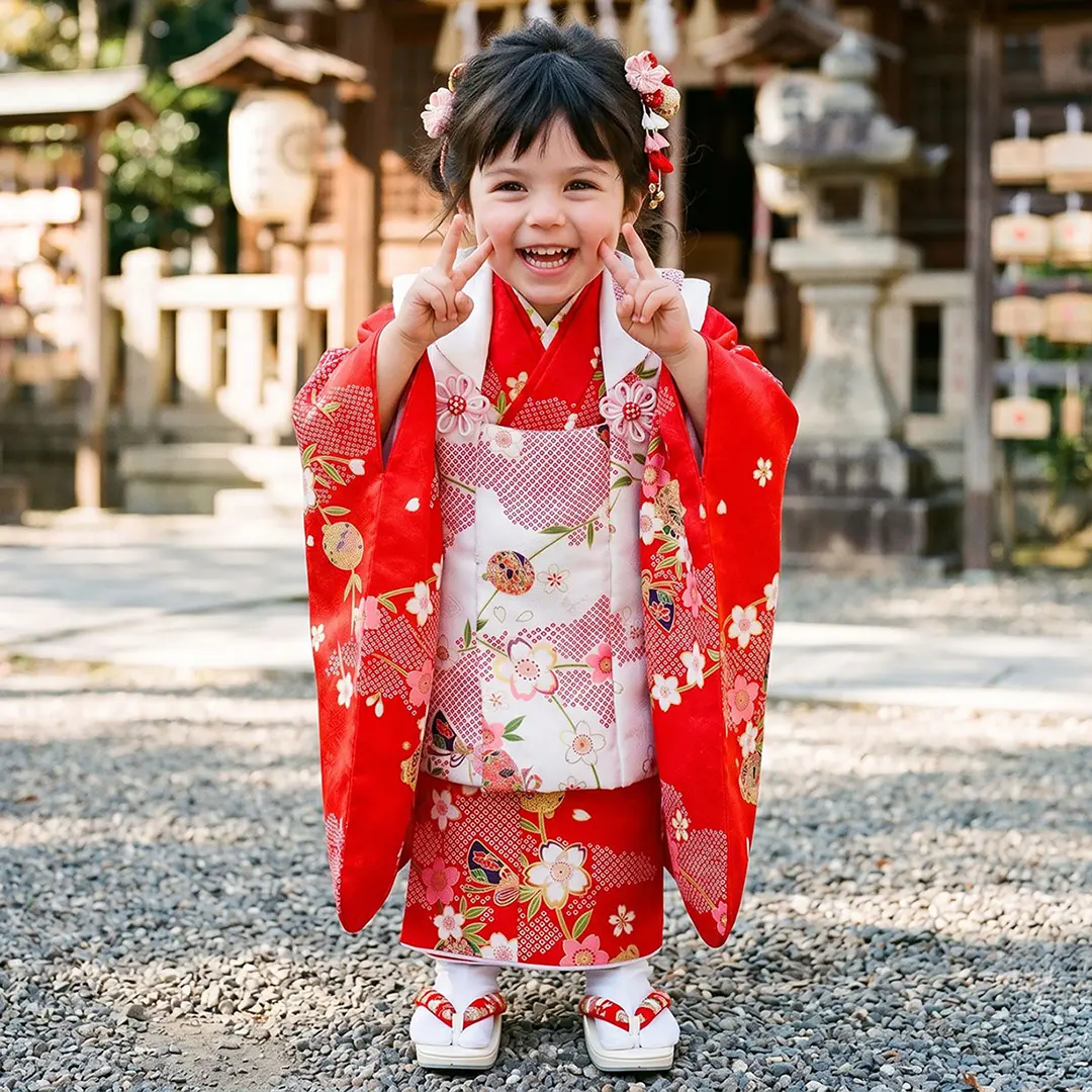 赤地に雲取と枝垂れ桜の着物、雲取りの被布コートセット／七五三・三歳女の子／着用イメージ
