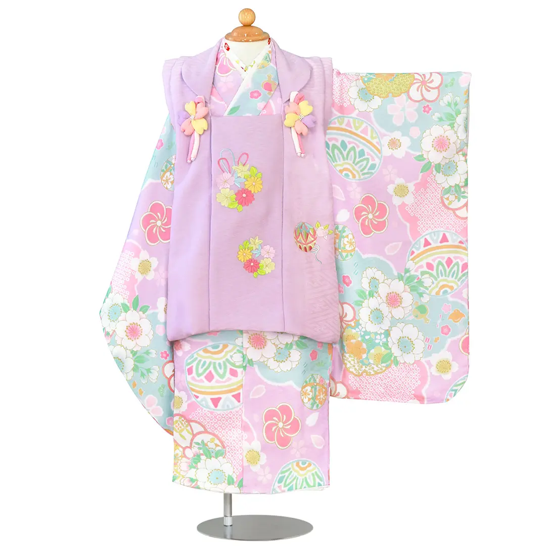 正絹総絞りお被布　巾着セット　亀甲 青海波に花丸紋模様 ベビーピンク×桃 S24008-01.webp
