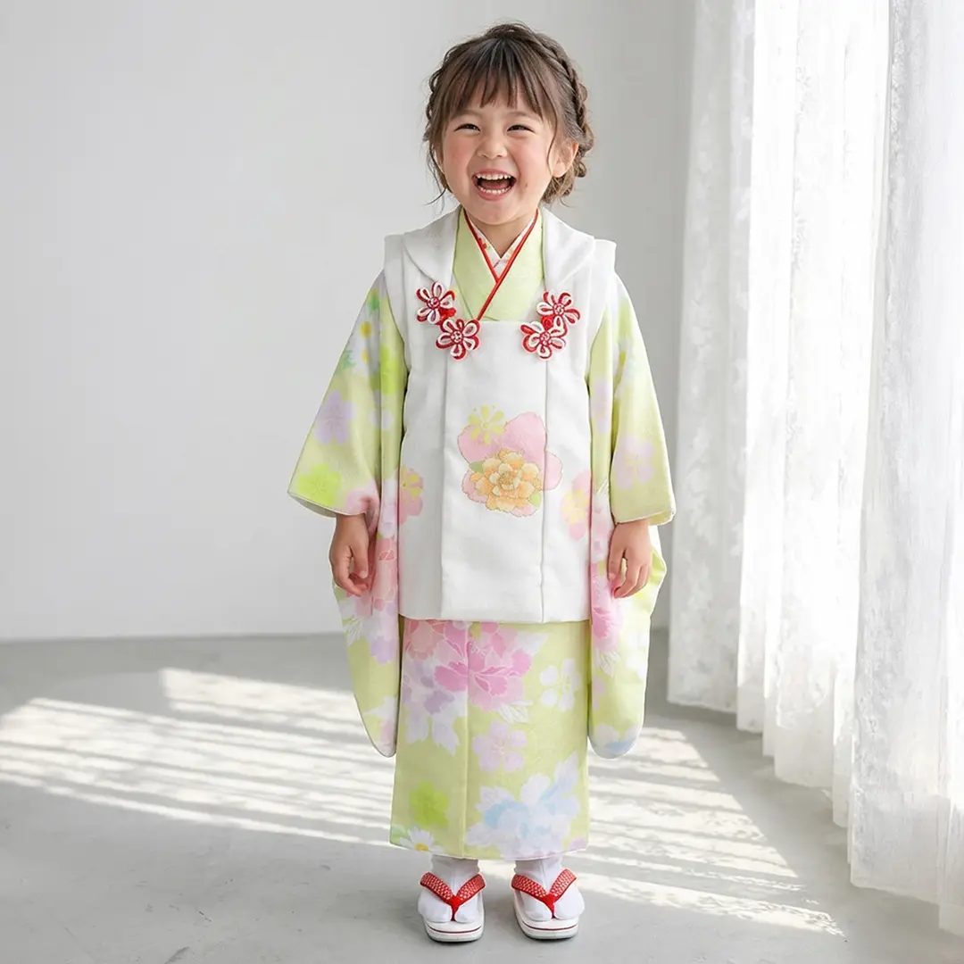 パステルグリーンに花模様、白の被布コートセット／七五三・三歳女の子／着用イメージ