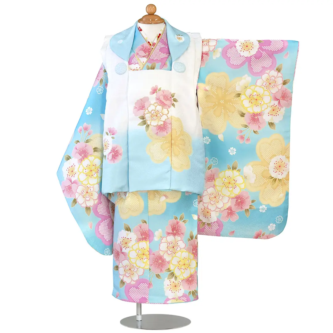 水色地に桜ぼかし、白と水色の被布コートセット／七五三・三歳女の子