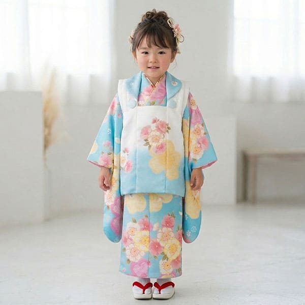 水色地に桜ぼかし、白と水色の被布コートセット／七五三・三歳女の子