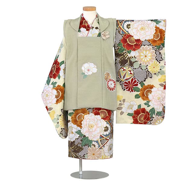 【花わらべ】クリーム地に古典柄、白緑の被布コートセット／七五三・三歳女の子