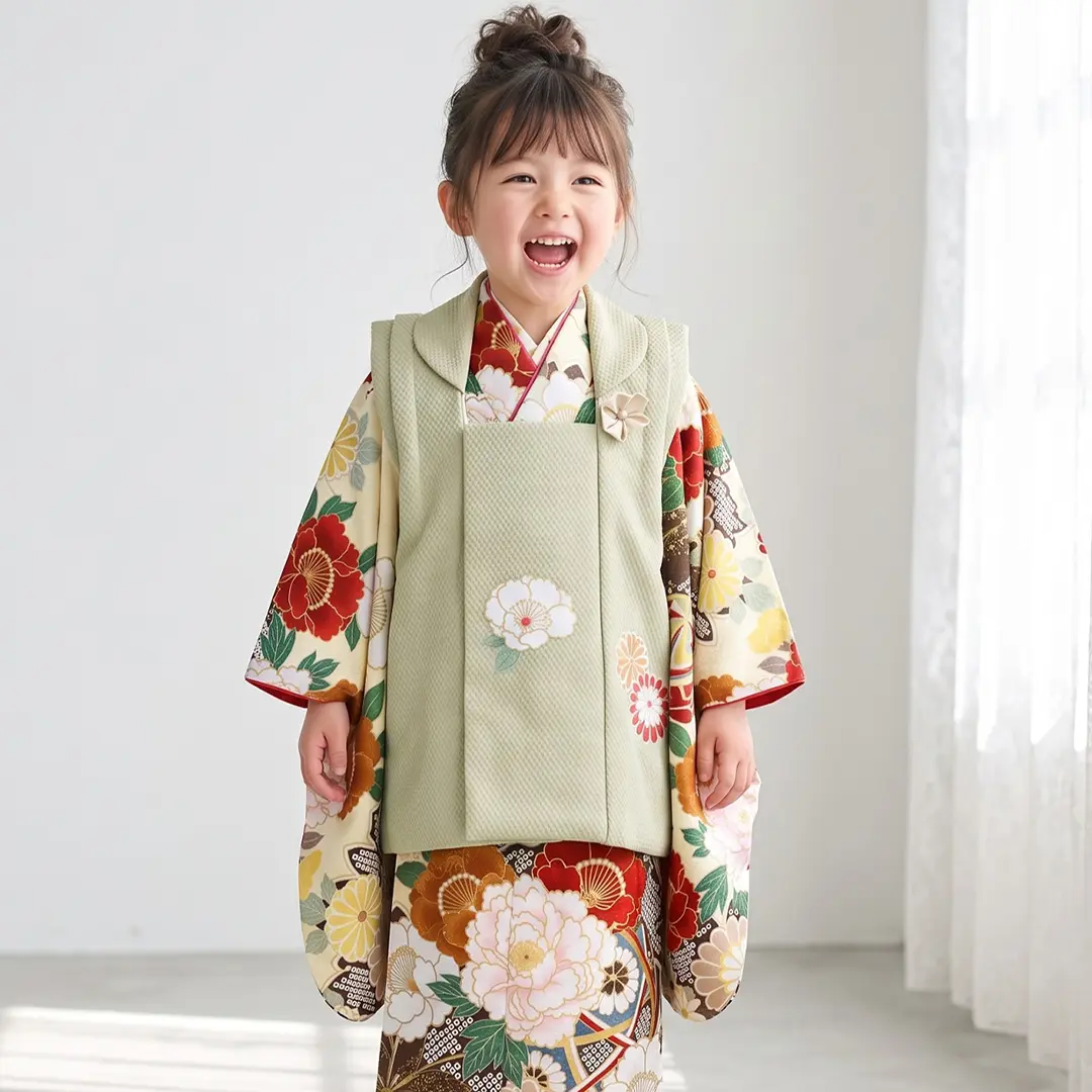 美品　クリーニング済　七五三 着物 作家物　花柄 3歳用 花わらべ》クリーム地に古典柄、白緑の被布コートセット／七五三・三歳