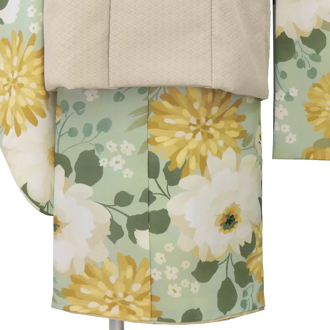 花わらべ》レトロフラワー・くすみグリーン、ベージュの被布コート