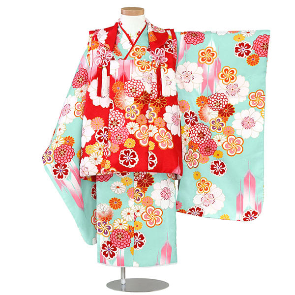 水色地に桜や菊梅と矢絣、赤の被布コートセット ／七五三・三歳
