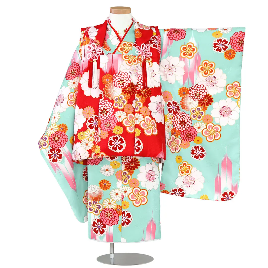 【3歳】七五三 着物 被布セット R.KIKUCHI 女の子 刺繍　梅 R・K 3歳 女児 被布セット 菊 松 梅 朱色 対応身長95cm 七五三 7