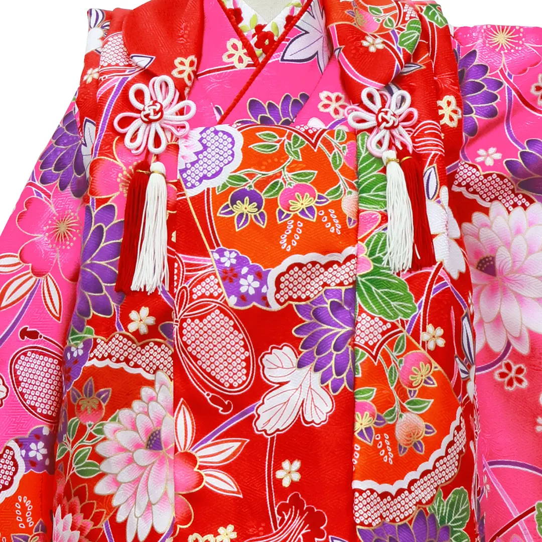 ピンク地に菊と扇の着物、同柄の被布コートセット／七五三・三歳女の子