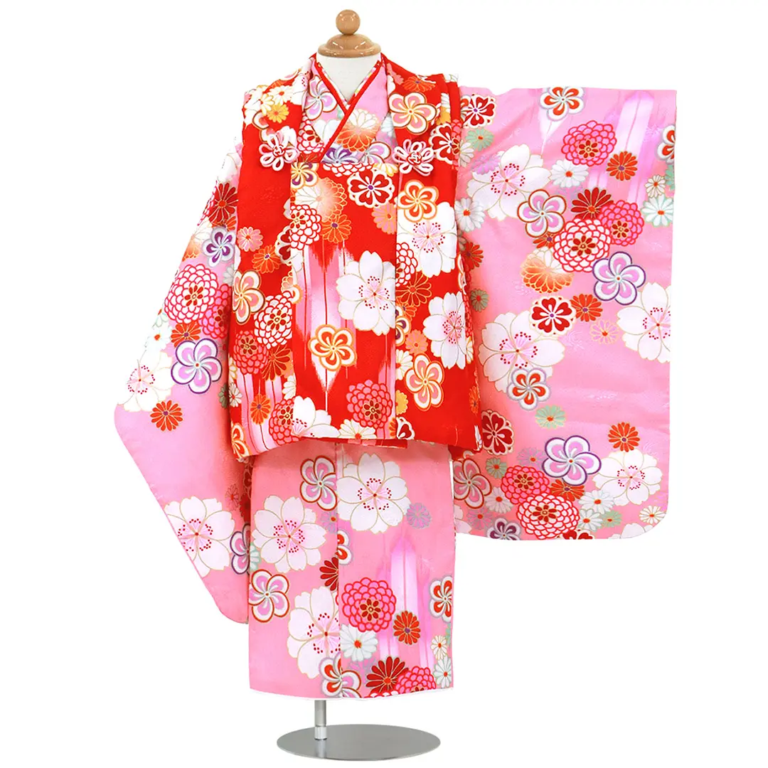 ピンク地に桜と菊、赤の被布コートセット／七五三・三歳女の子 | 宅配