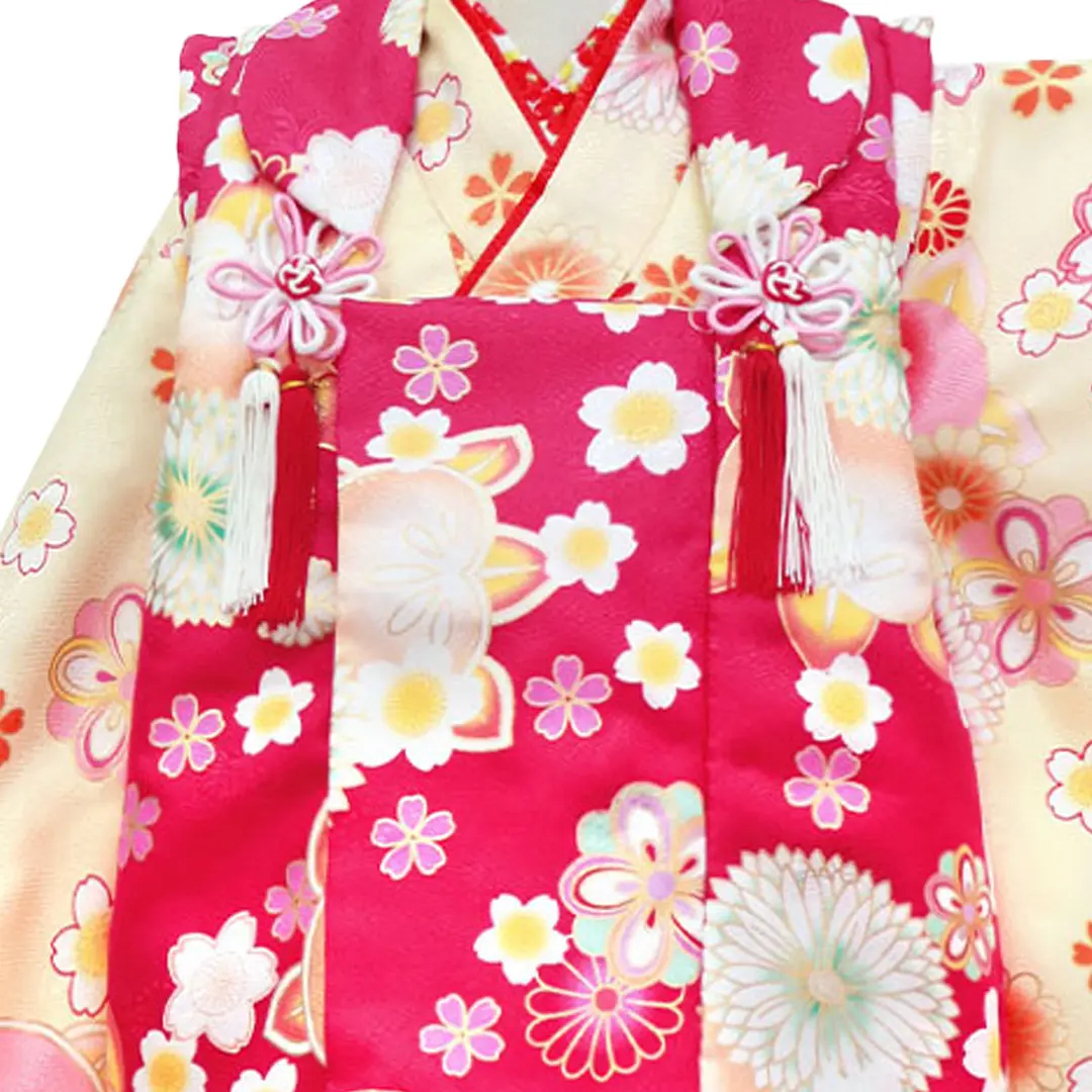 黄色地にダリアと橘、赤の被布コートセット／七五三・三歳女の子