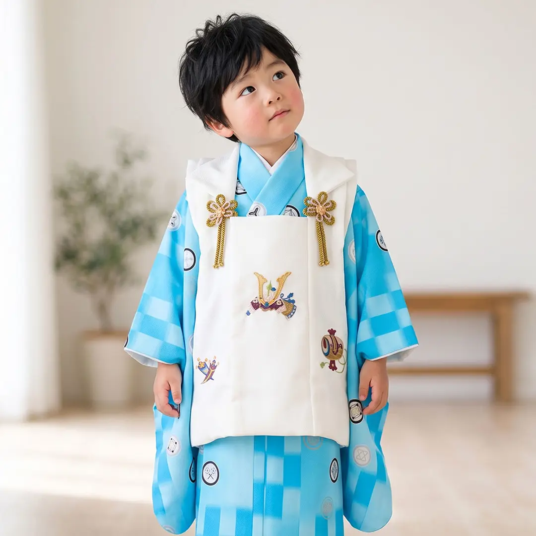 水色地に変わり市松と丸紋、白の被布コ－トセット／七五三・三歳男の子・被布コートセット／着用イメージ