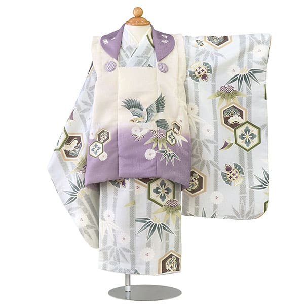 グレー地に竹と福良雀、鷹の被布コートセット／七五三・三歳男の子