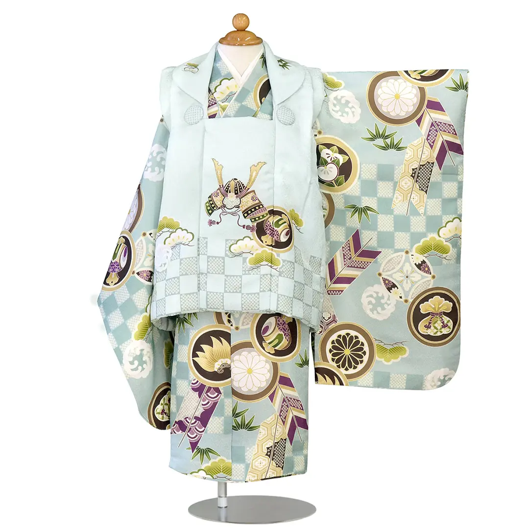 七五三用　被布コート　簡単８点　衣装セット　男の子（麻の葉に青兜） 七五三用 被布コート 簡単8点 衣装セット 男の子（麻の葉に青兜