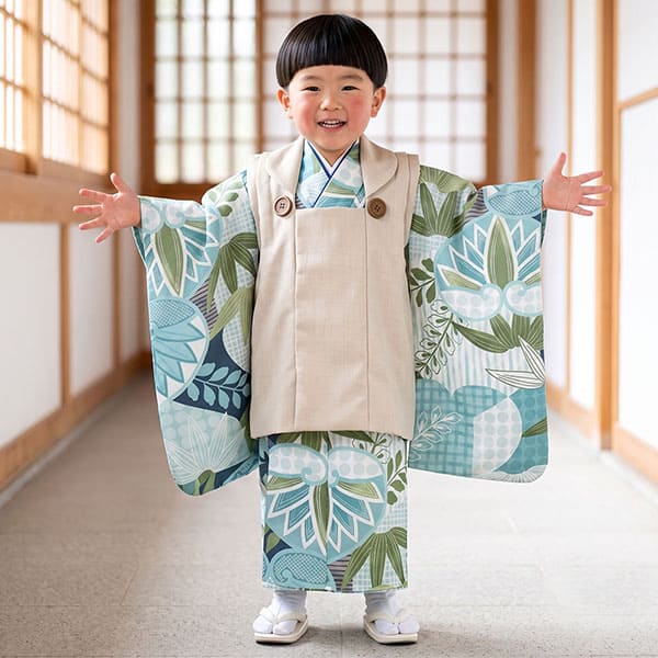 【花わらべ 】水色地に葵の着物、ベージュの被布コートセット／七五三・三歳男の子・被布コートセット