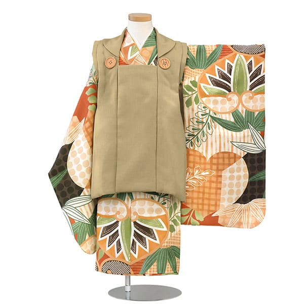 花わらべ》茶色地に葵の着物、カーキの被布コートセット／七五三・三歳